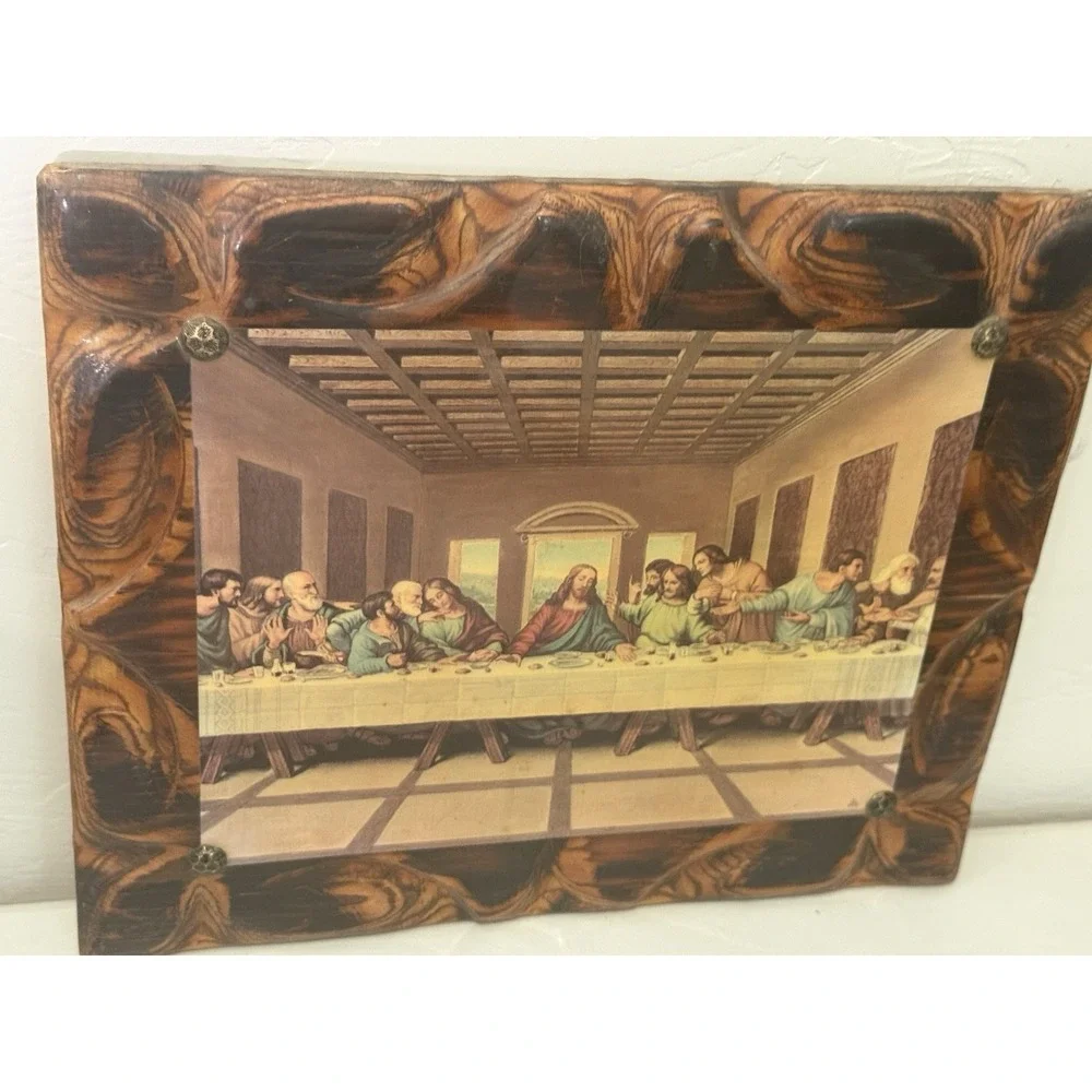 Vintage The Last Supper on Wood Slab Wall Art Plaque Ornate 10